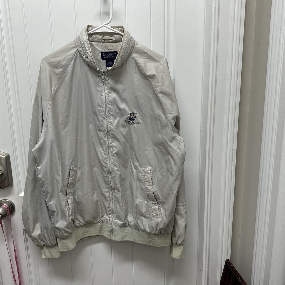 Vintage Duckster Windbreaker Jacket Large Mens Nylon Beige Zip Up Front Logo